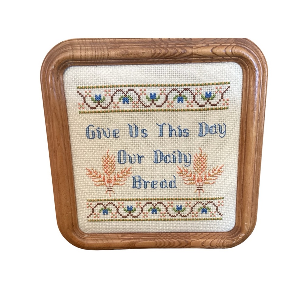 Vintage Framed Embroidered Give Us This Day Kitchen Art - Picture 3 of 5
